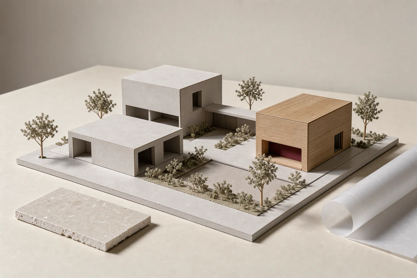Maqueta arquitectónica conceptual de volúmenes claros sobre una mesa de trabajo