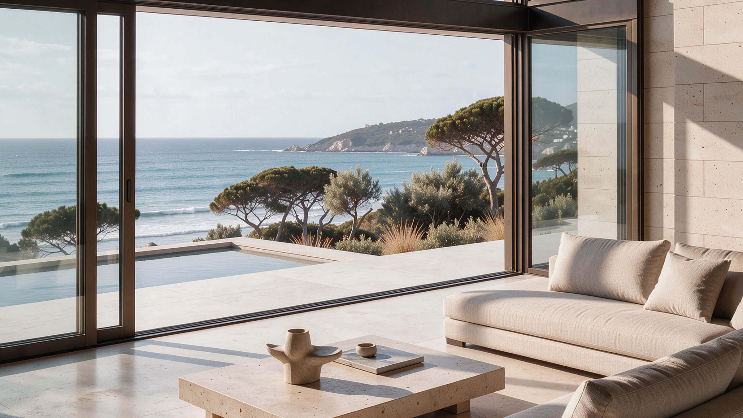 Interior conceptual de una vivienda con grandes ventanales y materiales naturales
